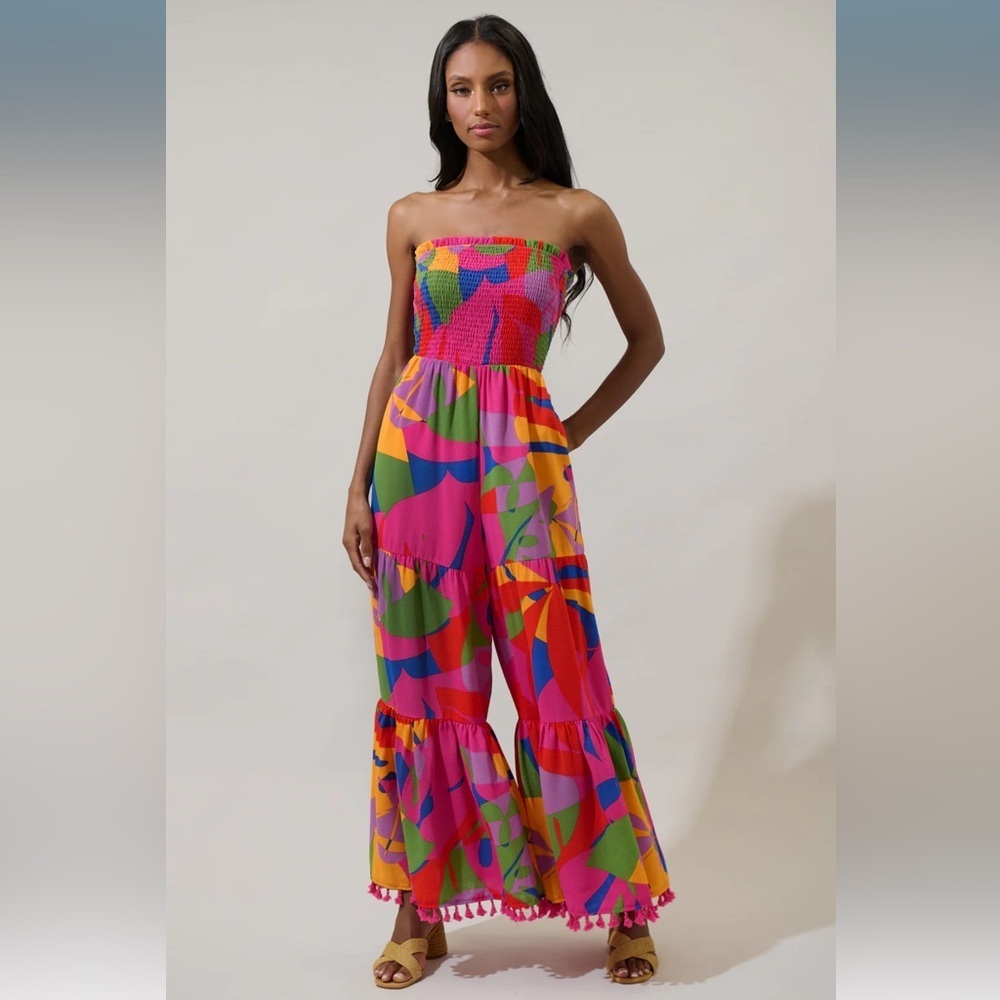 SugarLips Soleil Abstract Eve Strapless Smocked Jumpsuit